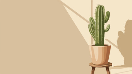Big cactus in pot on stool near beige wall Vector styl