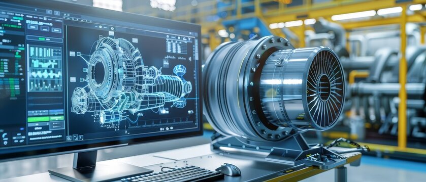 A computer CAD software mock-up showing the design of a green energy turbine engine in 3D. An efficient motor prototyping set. VFX template for PC and laptop screens. 3D rendering.