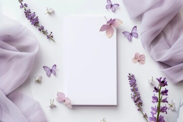 A blank note surrounded by purple flowers and butterflies on a white background.