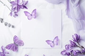 A minimal flat lay of purple flowers and butterflies against a white fabric backdrop.