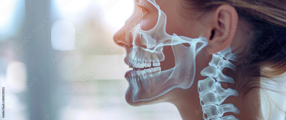 Canvas Prints A close up of an X-ray line drawing on the side profile of a woman's face and neck with glowing pain areas in her jaw, teeth, ears, from left to right, with a white background and bright color tone