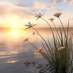 Obraz premium A dragonfly pollinating a flower at sunset.