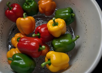 Peppers of different colors in a colander under running water.
