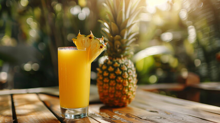 Glass of fresh pineapple juice on wooden table