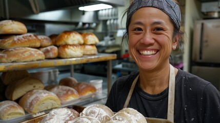 Happy asian female baker working in bakery kitchen holding baking sheet with rolls