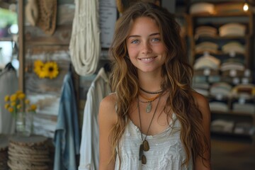 Fototapeta premium A young woman with sun-kissed hair smiling warmly inside a stylish boutique