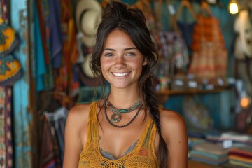 Fototapeta premium A cheerful woman in a yellow top stands before a backdrop of vibrant clothing in a shop