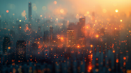 Blur background of City aglow with colorful lights as stars twinkle in the night sky