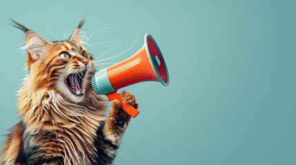 Surreal of Expressive Maine Coon Cat Holding Megaphone on Soft Blue Background