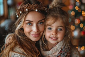Beautiful mother and daughter posing with festive crowns, holiday lights in the background