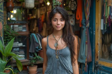 Naklejka premium A cheerful young woman stands inside a boho-style shop, her smile inviting and confident among eclectic merchandise
