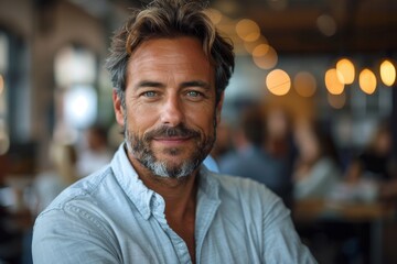 Obraz premium An older gentleman projects a welcoming demeanor with a gentle smile in a comfortable and casual atmosphere