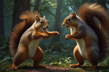 Squirrels playing in the forest, creating a picturesque and cute atmosphere against the backdrop of green trees and grass