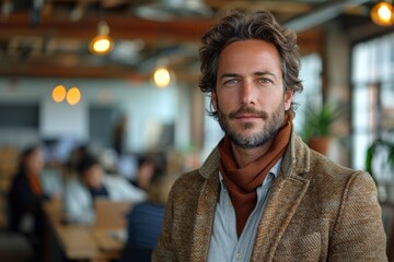 Fototapeta premium A sophisticated gentleman poses in a modern workspace, his style casual yet refined, projecting ease and expertise