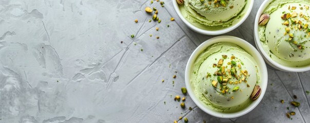 Three white bowls of pistachio ice cream on a gray background. - Powered by Adobe