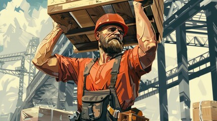  a worker lifting heavy materials with a slight grimace showcasing the physical demand and improper lifting technique that contribute to back pain. The background includes a construction site - obrazy, fototapety, plakaty