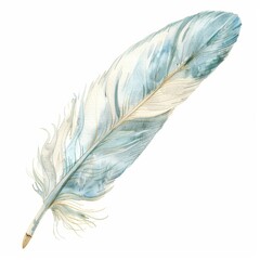 A watercolor painting of a blue and white feather with gold accents.