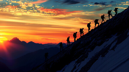 Silhouettes of hikers ascending a mountain at sunset, orange and blue sky as background, concept of adventure. Generative AI