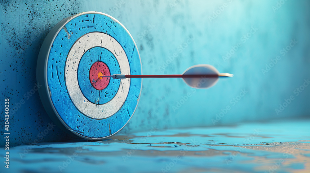 Poster dart hitting the bullseye of a target on a blue textured background, symbolizing precision and goal 