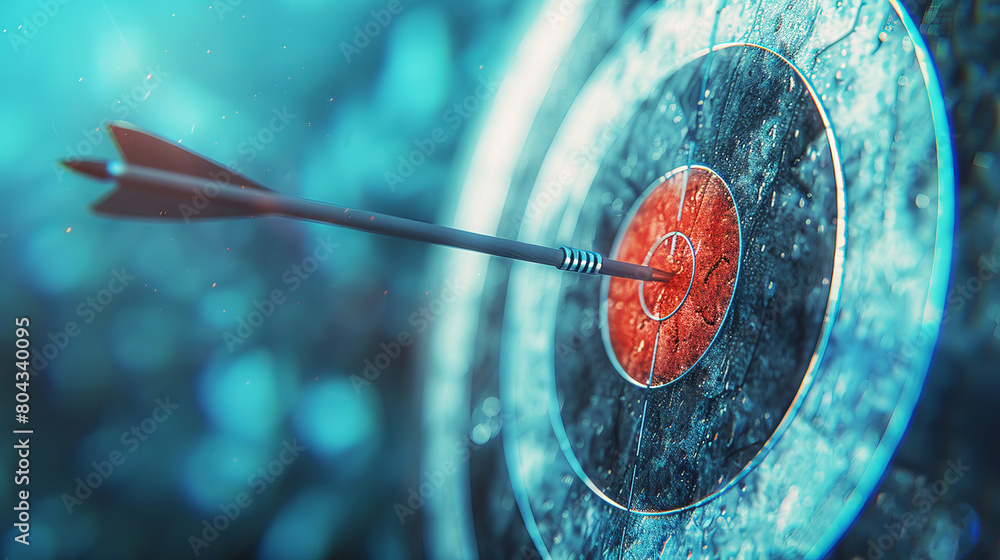 Poster an arrow hitting a bullseye on a dartboard, artistic style, with a blue bokeh background, concept of