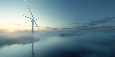 Aerial establishing view of wind turbines generating renewable energy in the wind farm, snow filled countryside landscape with fog