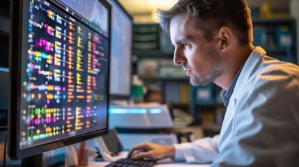  a geneticist studying a computer screen displaying genome sequencing data. The software interface shows a complex array of colorful DNA sequences with the geneticist making notes 