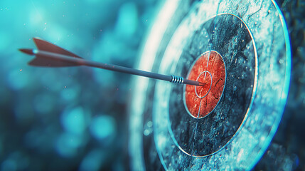 An arrow hitting a bullseye on a dartboard, artistic style, with a blue bokeh background, concept of success. Generative AI