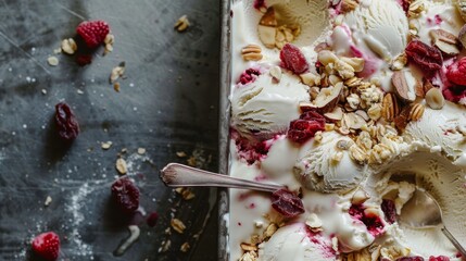 A photo of a container of ice cream with raspberries and nuts on top.