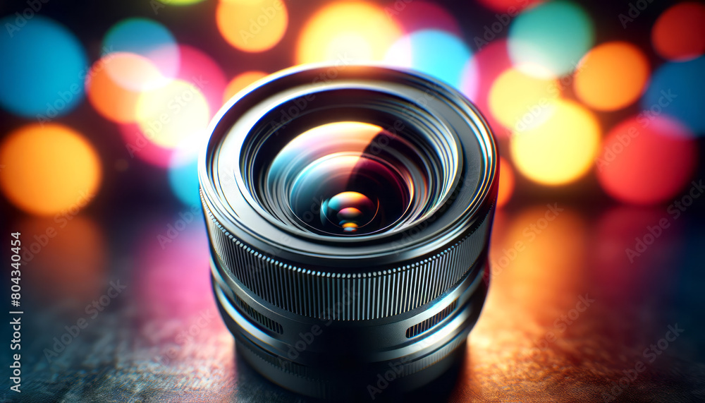 Poster a detailed camera lens with colorful bokeh lights in the background, symbolizing photographic creati