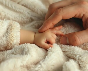 Close-up of a babys hand gently gripping an adults finger with a soft