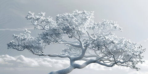 A snow covered tree with fluttering snowflakes on a white background