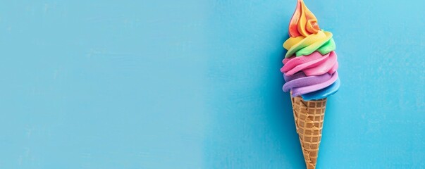 Rainbow ice cream cone with blue background