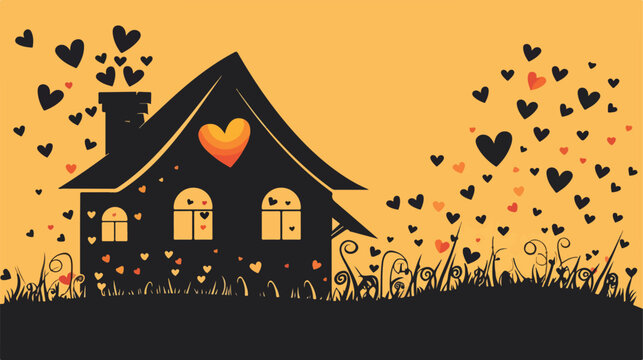 black silhouette house with chimney and hearts Vector