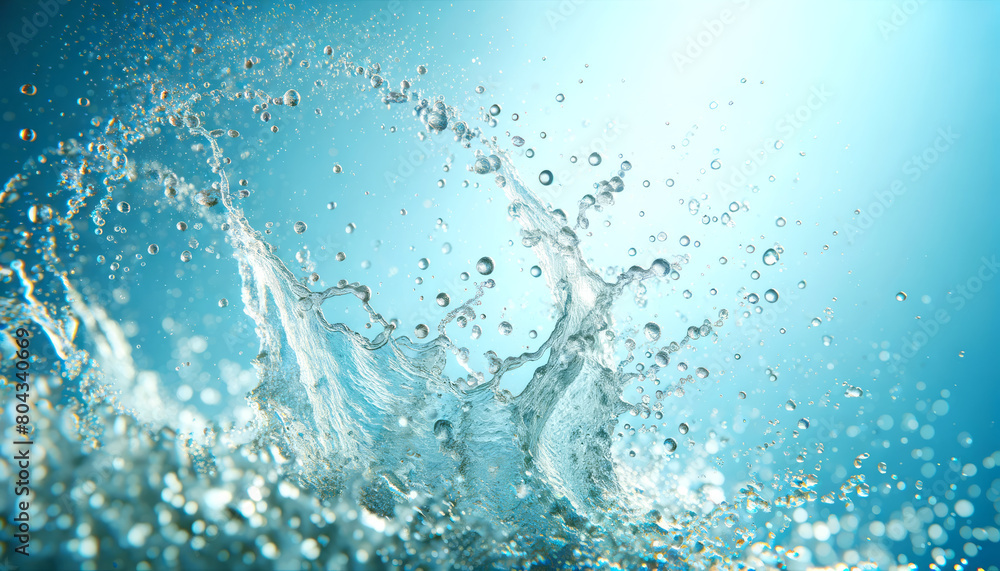 Poster an energetic splash of water with dynamic droplets, on a light blue background, conveys a concept of
