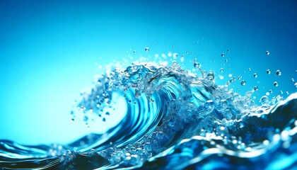 A dynamic wave captured in detail, showcasing water texture against a blue gradient background, concept of nature's motion. Generative AI