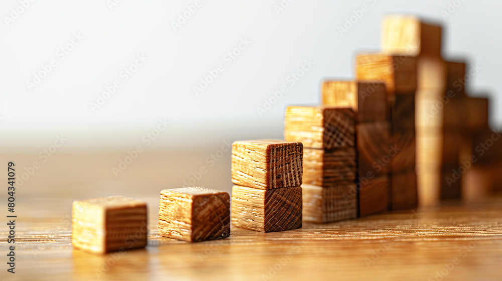 Poster wooden blocks arranged incrementally on a smooth surface, concept of growth, generative ai. generati