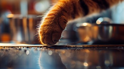 Amusing image of a cats paw tapping a spoon on a kitchen counter