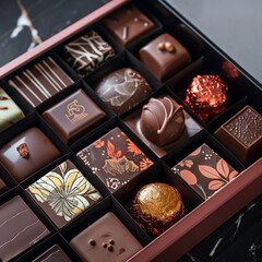 A box of chocolates with different flavors and designs.