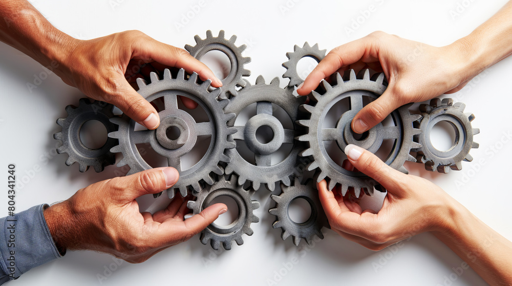 Poster multiple hands assembling gear wheels on a white background, symbolizing teamwork and collaboration.