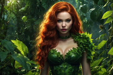 Beautiful woman with red hair in a green dress made of leaves, standing in a forest surrounded by nature