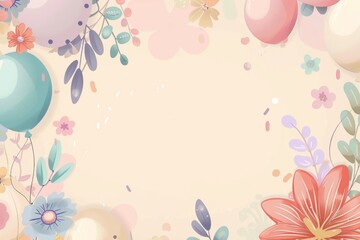 A soft pastel background with flowers and balloons.