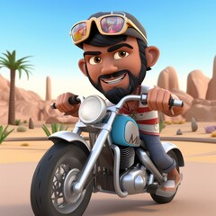 Cartoon Biker Character Riding Motorcycle on Desert Road Adventure