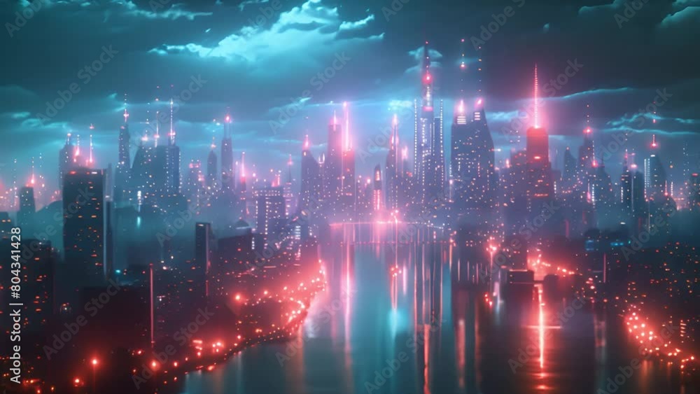 Poster a futuristic city illuminated by artificial lights is shown at night, showcasing towering skyscraper
