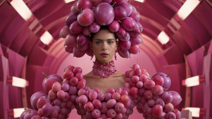 Abstract portrait of a person, whose face is hidden by a square, body adorned with red and pink apples and grapes against a backdrop of pink panels
