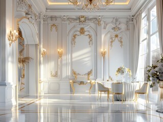 An opulent white and gold ballroom with a long table set for a banquet.
