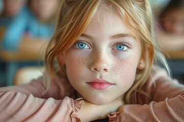 Portrait of a young girl with captivating blue eyes and freckles, gently resting her chin on her hands