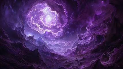 A graphic illustration, background, screensaver, backdrop, futuristic concept of an underground cave in a Vortex of deep purple swirls with a light at the end of the tunnel