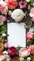 A beautiful arrangement of pink and white flowers with a blank white card in the center.