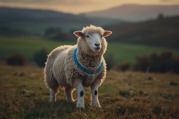 Sheep in a warm sweater grazing on green hills at sunset, creating a serene and peaceful atmosphere