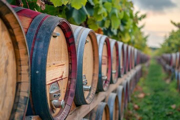 Wine barrels and casks against touristic vineyard wine farm photo .
